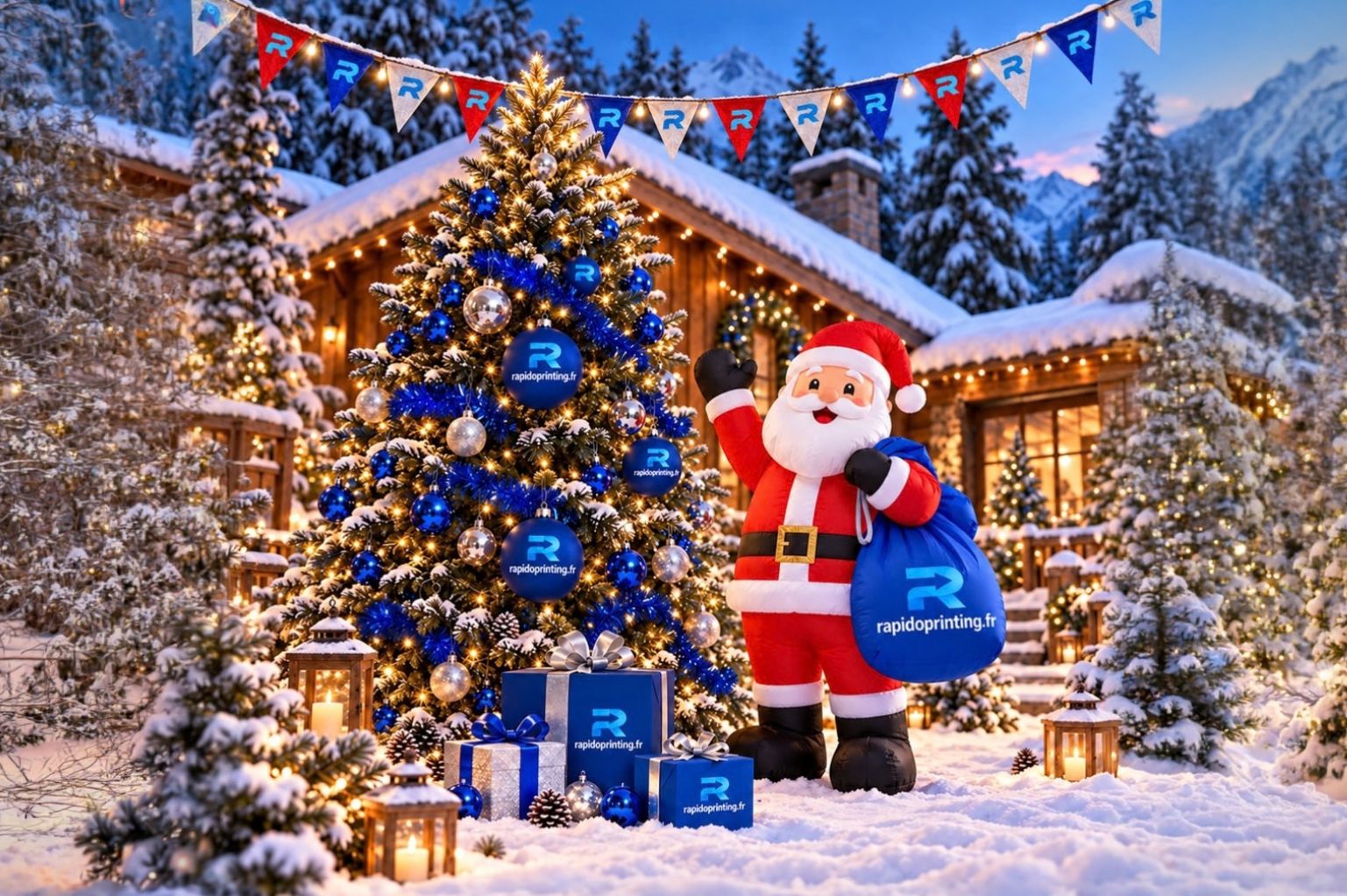 Boules de Noël et Père Noël gonflable personnalisés Rapidoprinting Boules de Noël et Père Noël gonflable personnalisés avec logo pour une décoration de Noël professionnelle